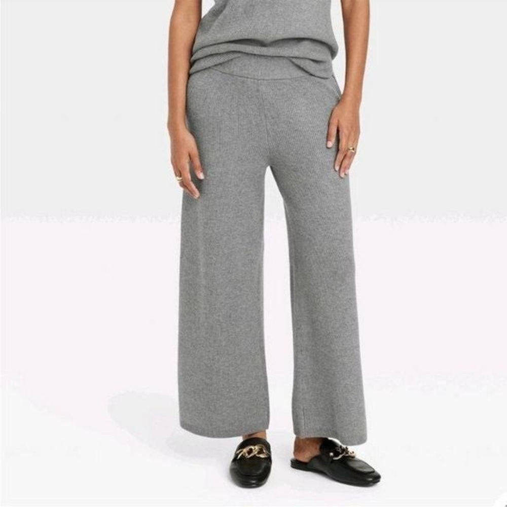 A New Day Pants Women's High-Rise Ribbed Sweater Wide Leg Pants Grey Small